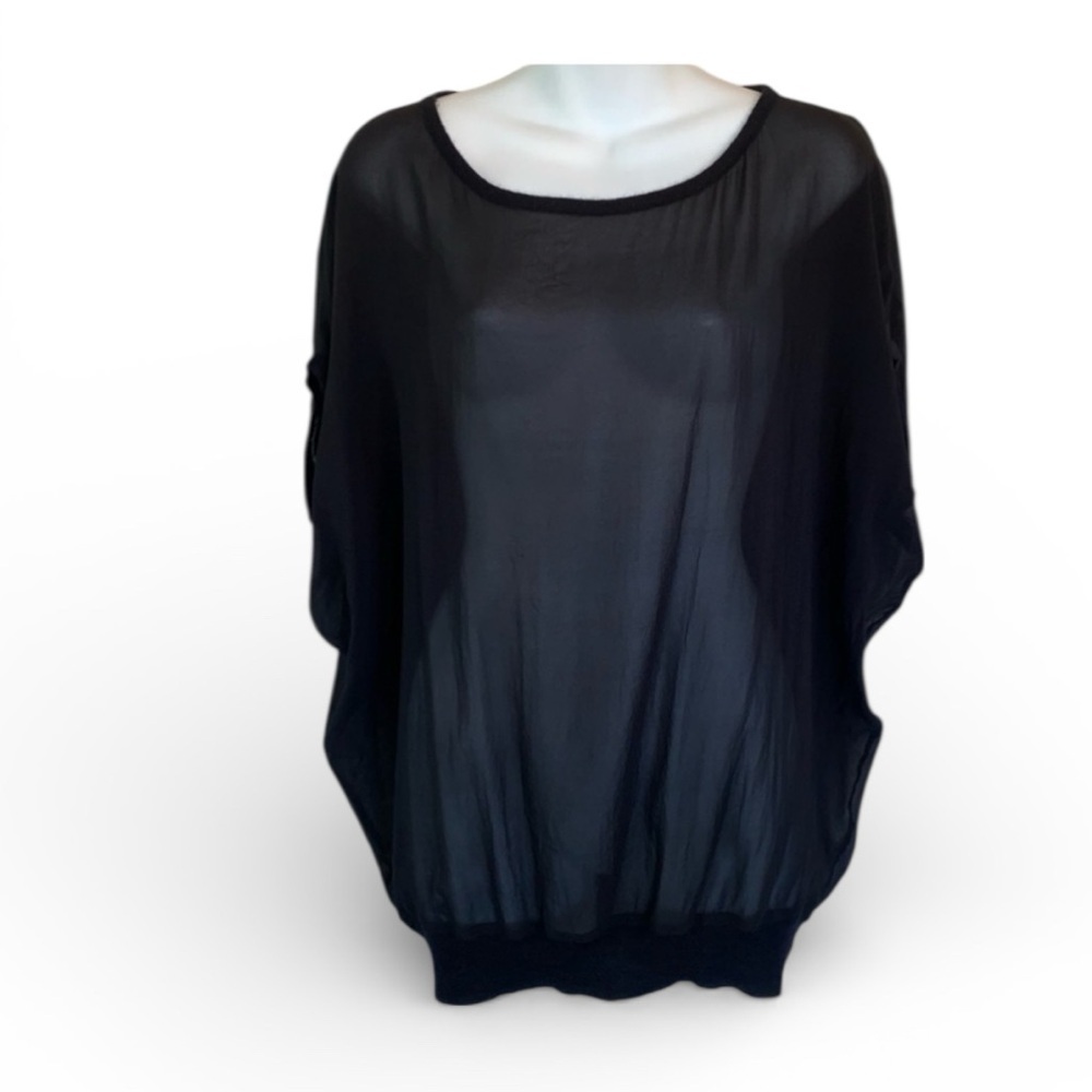 Vince blouse, women's S, black, sheer with knit bottom band, oversized, EUC